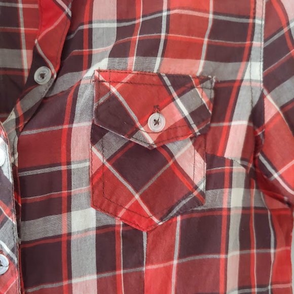 Ambiance apparel plaid short/long sleeve button collared shirt/top/S/orange brwn - Picture 4 of 7